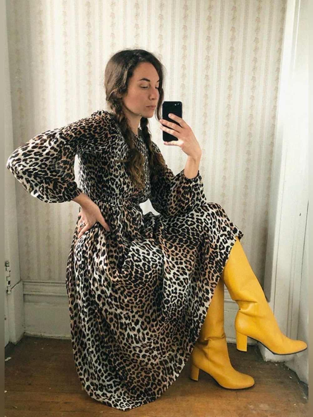 GANNI Printed Georgette Smock Dress Leopard Maxi Dress Size 36